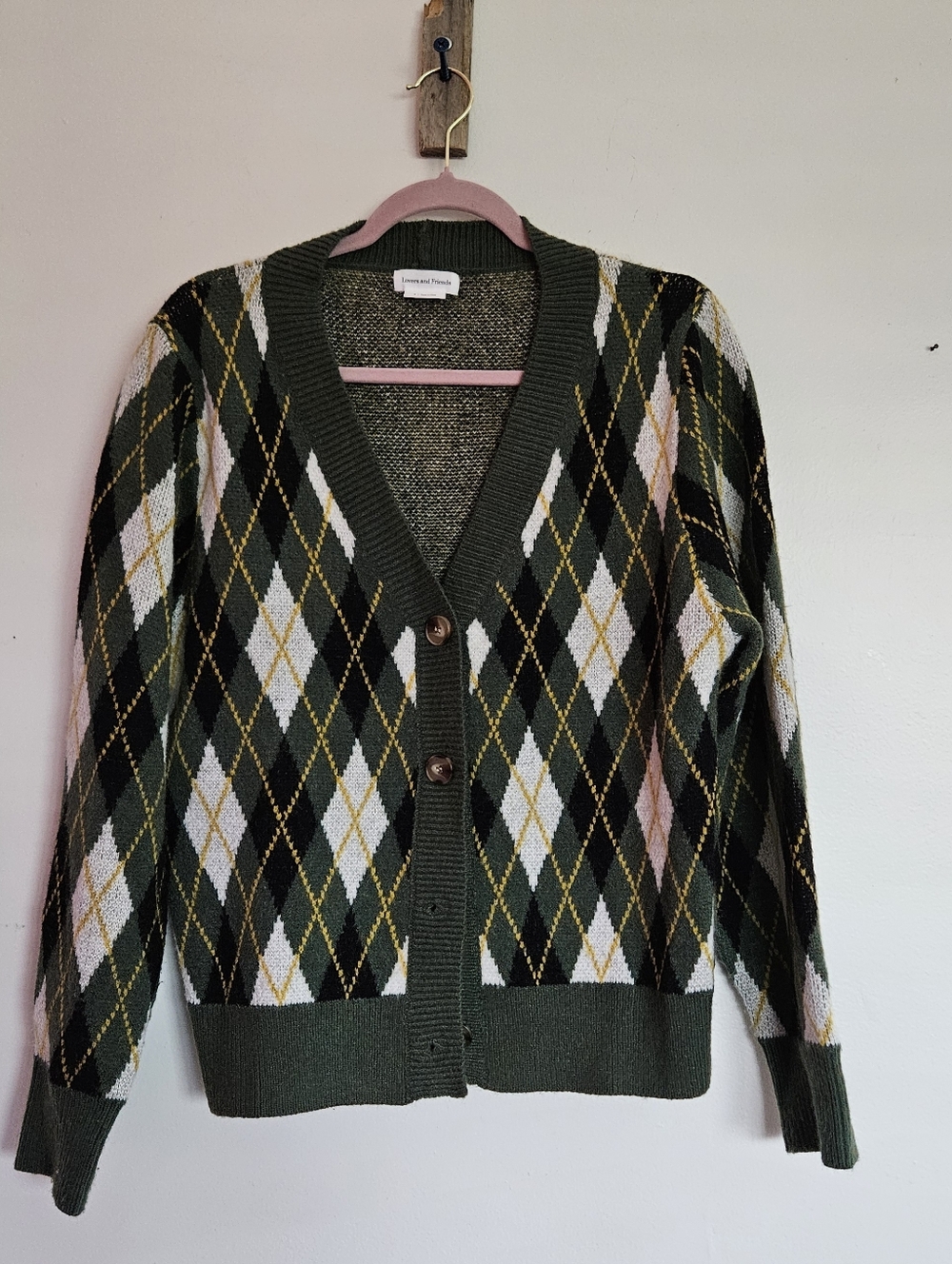 REVOLVE Green, White & Black Argyle V-Neck Cardigan Size M - Picture 3 of 5